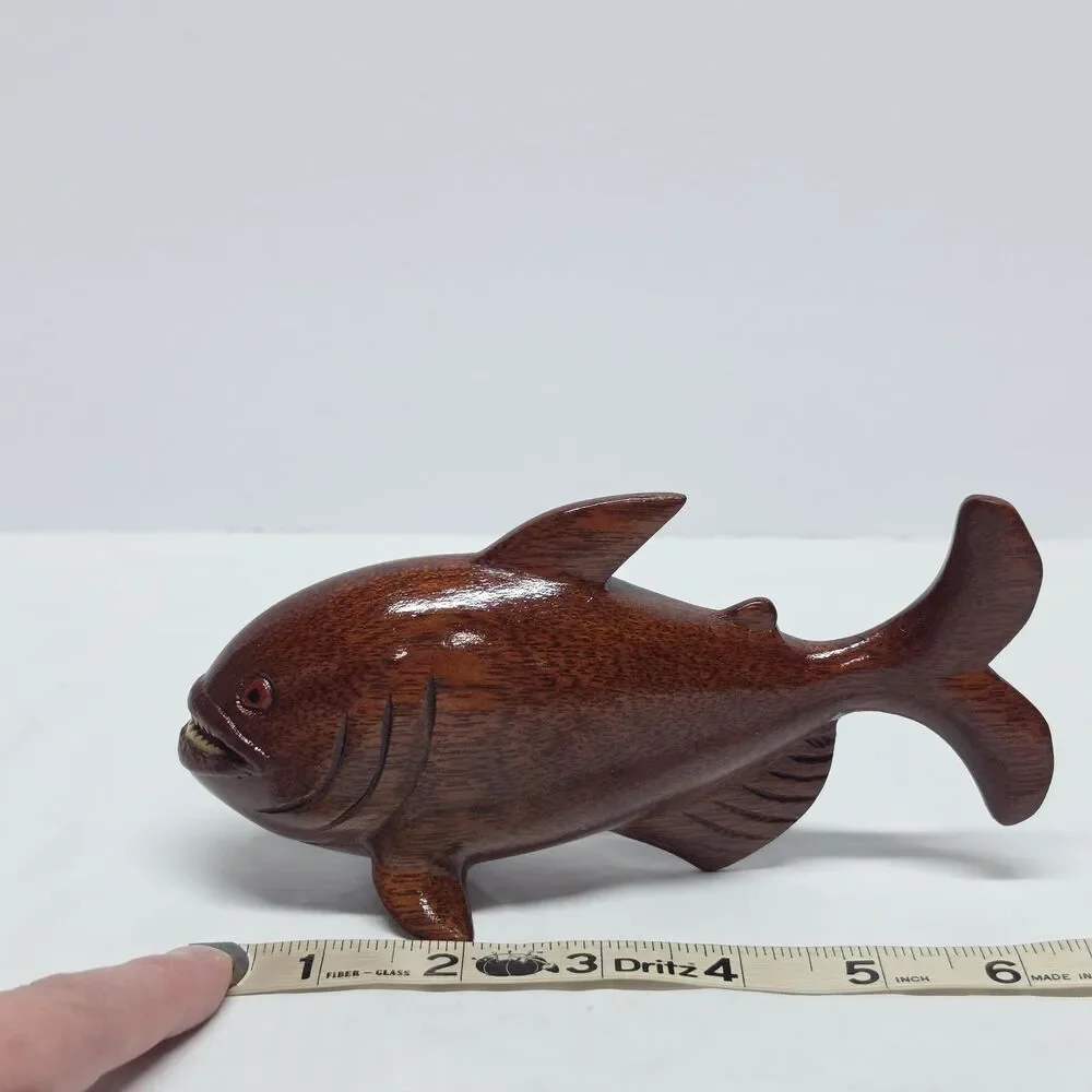 Piranha Vintage Hand Carved Wooden Figurine With Real Teeth
